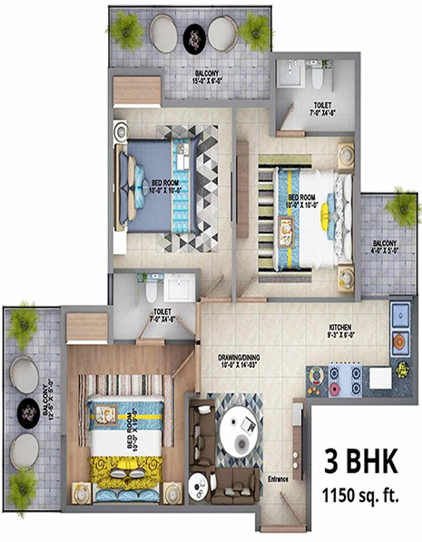 3bhk 1150 sq.ft